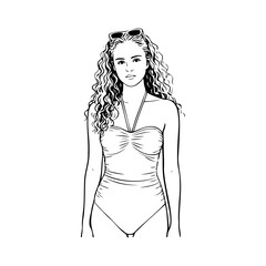 Logotipo con dibujo minimalista con líneas de una mujer con bikini sexy de pie con gafas de sol en el cabello, con las manos junto al cuerpo  © teracreonte