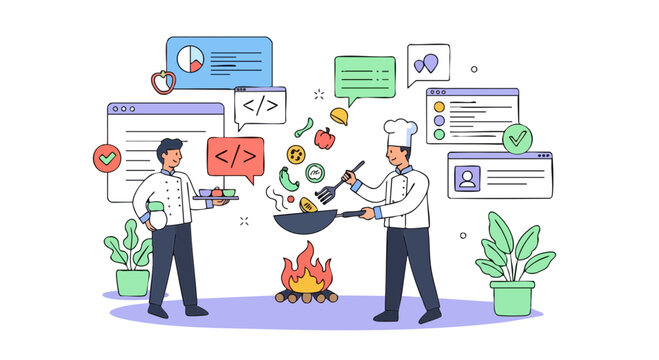 Chef Cooking Stir-fry with Programming Code Metaphor Illustration