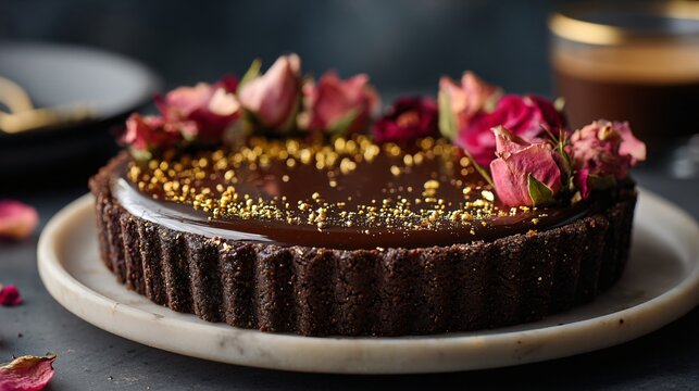 A silky chocolate mousse tart with crisp cocoa crust and glossy ganache topping, decorated with edible gold flakes and delicate rose petals on a marble table under diffused afternoon light