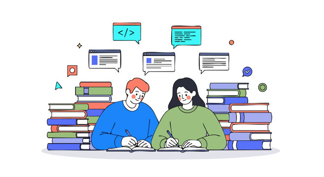 Students Conducting Deep Research and Coding Among Books
