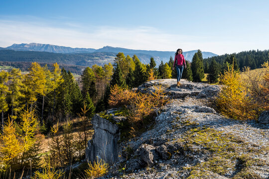 Travel, lifestyle: Woman walks on a rocky outcrop overlooking a forest and mountains, enjoying the freedom of outdoor exploration. First World war,Cherle Fort,Trentino,Italy