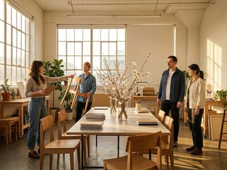 Fototapeta premium Group of young creative professionals with a focused mood collaborating on furniture arrangement in a bright studio background.