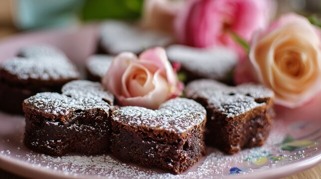 Heart-shaped brownies with fudgy centers and shiny crackled tops, dusted with powdered sugar and arranged on a pastel plate with fresh roses in warm indoor light