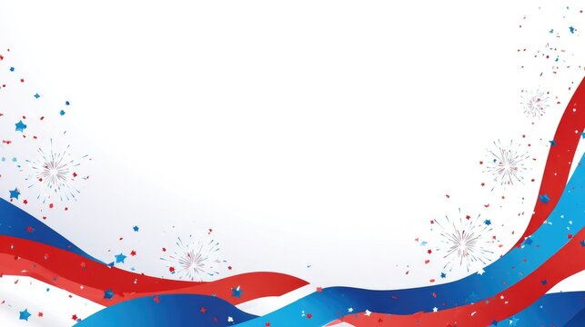 4th of July Patriotic Background with Fireworks Stars and Red White Blue Ribbon Border