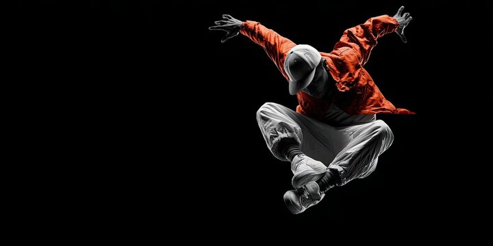 A guy breakdancing on a black background.