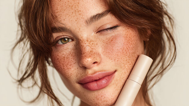 Young woman holds beauty product close to face in bright setting during daylight while highlighting her natural features and clear skin