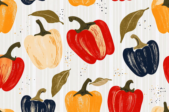 bell pepper pattern with red yellow white and dark blue capsicum and scattered leaves on soft striped background modern vegetable illustration with textured brush style perfect for kitchen textile pac