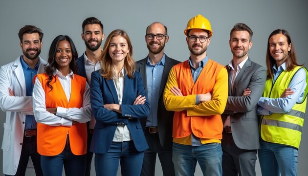 Diverse group of professionals stand together smiling. Includes doctor, construction worker, office staff. Represents teamwork across varied industries and careers.