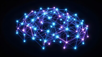 Obraz premium 1. A hyper-detailed visualization of a glowing artificial neural network rendered as a three-dimensional web of luminous blue and violet nodes interconnected by thousands of pulsing fiber-optic-like d
