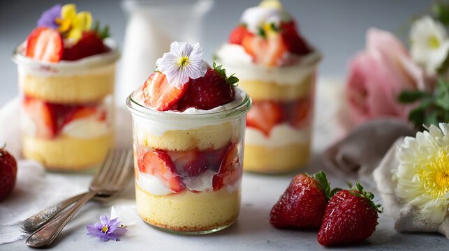 Mini berry trifles layered with sponge cake, vanilla custard, and fresh strawberries in clear glass jars, styled for a Mother&rsquo;s Day brunch with bright airy lighting