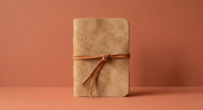 Minimalist handmade suede leather journal tied with a cord on a terracotta background