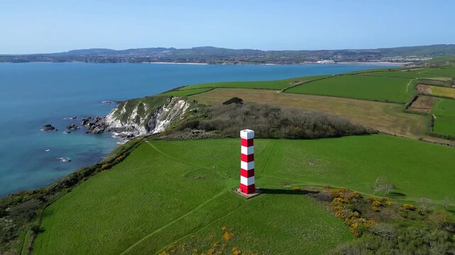 Gribbin Head, Cornwall, England: DRONE VIEWS: An overhead view of the Gribbin Daymark (Gribbin Head Tower). The Daymark was erected in 1832 as an aid for seafarers to identify the River Fowey estuary.