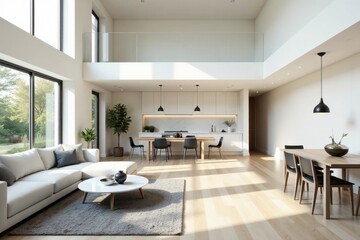 Fototapeta premium Modern Open Plan Home Interior Design with Abundant Natural Light and Minimalist Decor