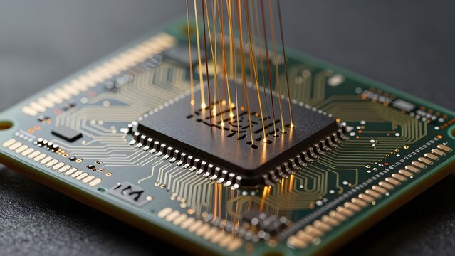 30. An artistic macro close-up of a computer memory chip in extreme detail, showing the bond wire connections from the die to the package as delicate golden arcing threads suspended above the chip sur