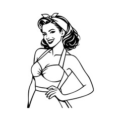 Logotipo boutique de moda. Dibujo con líneas de una mujer sonriente con peinado, un pañuelo en la cabeza y ropa estilo vintage con la mano en la cadera  © teracreonte