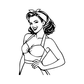 Logotipo boutique de moda. Dibujo con l&iacute;neas de una mujer sonriente con peinado, un pa&ntilde;uelo en la cabeza y ropa estilo vintage con la mano en la cadera 