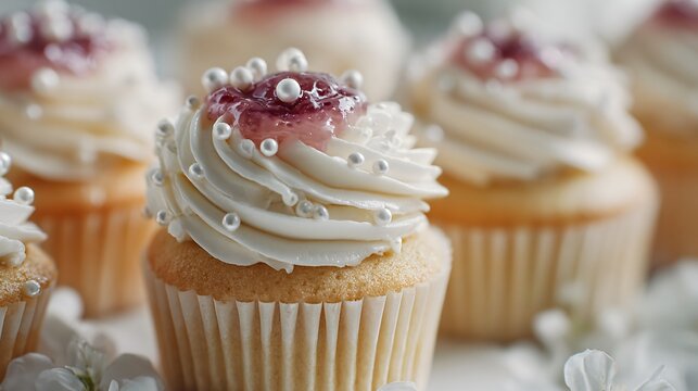 Soft vanilla cupcakes filled with strawberry jam and topped with piped whipped cream frosting and edible pearls in airy brunch lighting