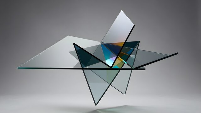 46. A photorealistic render of a complex abstract geometric sculpture made of intersecting flat planes of glass, each plane catching and refracting light differently, some planes showing colored caust