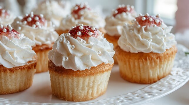 Soft vanilla cupcakes filled with strawberry jam and topped with piped whipped cream frosting and edible pearls in airy brunch lighting
