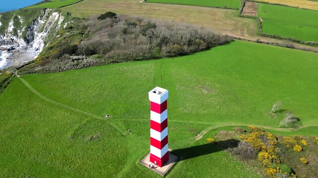 Gribbin Head, Cornwall, England: DRONE VIEWS: An overhead view of the Gribbin Daymark (Gribbin Head Tower). The Daymark was erected in 1832 as an aid for seafarers to identify the River Fowey estuary.