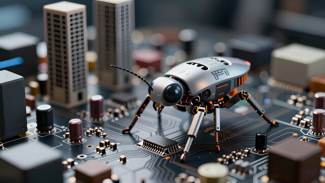 77. A photorealistic render of a micro-robot at insect scale exploring a circuit board surface, the tiny robot dwarfed by the electronic components around it, its body design inspired by an insect wit