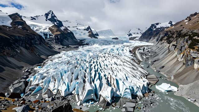 90. A photorealistic time-lapse composite render showing glacier retreat, one half of the frame showing a thriving glacier filling a mountain valley in crisp blue-white, the other half of the same val