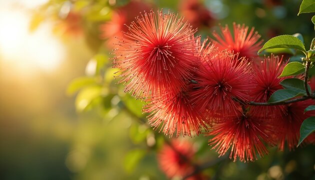 Red Calliandra flower cluster on green branch. Sunlight illuminates delicate spiky blooms. Soft focus background with lush foliage, natural outdoor setting, vibrant color.