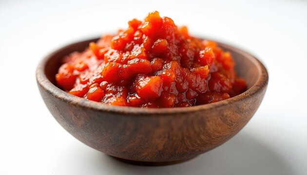 Red chili paste in a rustic wooden bowl. This spicy condiment is made from chopped chili peppers, garlic, and ginger. Perfect for adding flavor to Asian dishes and meals.