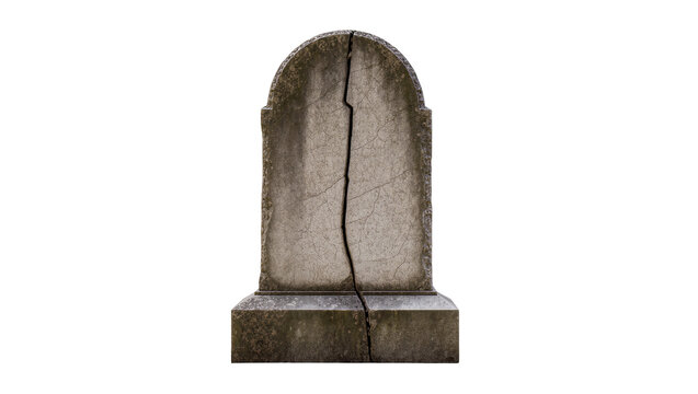 Weathered cracked gray stone tombstone with moss and lichen