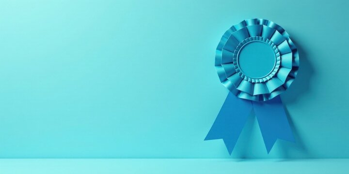 A Single Blue Rosette Award Ribbon on a Light Blue Background with Plenty of Copy Space