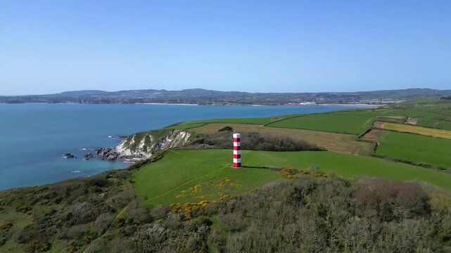 Gribbin Head, Cornwall, England: DRONE VIEWS: An overhead view of the Gribbin Daymark (Gribbin Head Tower). The Daymark was erected in 1832 as an aid for seafarers to identify the River Fowey estuary.