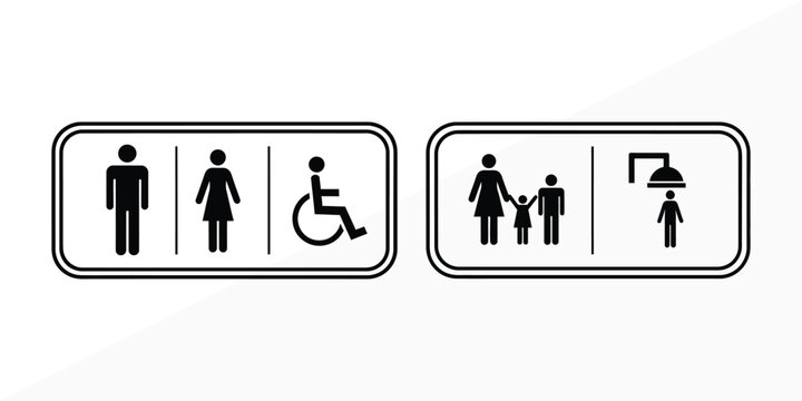 Public restroom signage pictograms depicting male female wheelchair accessible and family facilities