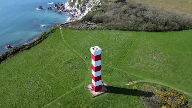 Gribbin Head, Cornwall, England: DRONE VIEWS: An overhead view of the Gribbin Daymark (Gribbin Head Tower). The Daymark was erected in 1832 as an aid for seafarers to identify the River Fowey estuary.