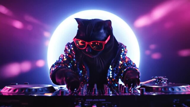 Cat DJ in sequin jacket for commercial backgrounds, digital design, and advertising