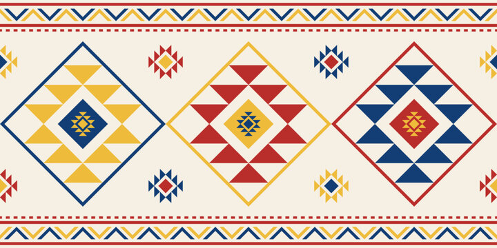 Geometric ethnic pattern seamless with red, blue, and yellow motifs on beige background. Design for fabric, Background, Wallpaper, Vector illustration.
