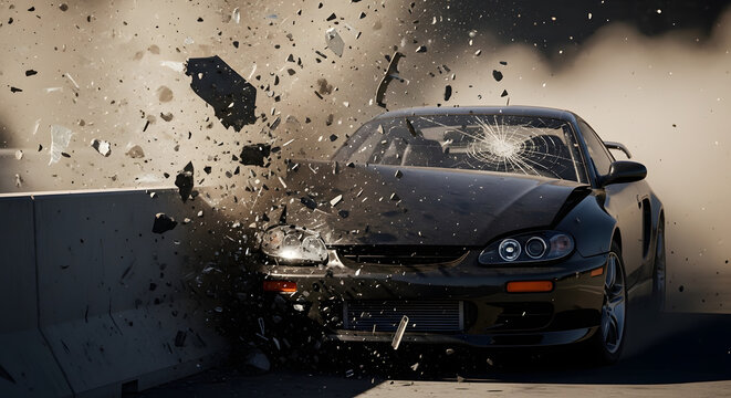 Damaged car crashing into concrete wall with shattered windshield and debris flying everywhere outside transparent background