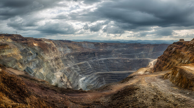 Massive open pit mine with terraced layers under cloudy sky