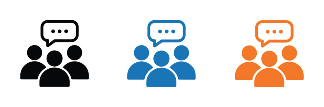 People communication icons with speech bubbles in multiple colors, teamwork discussion concept, social interaction illustration, customer support symbol, community conversation design