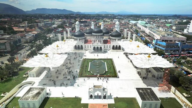 Aceh Grand Mosque, Baiturrahman Grand Mosque, aerial drone point of view. 