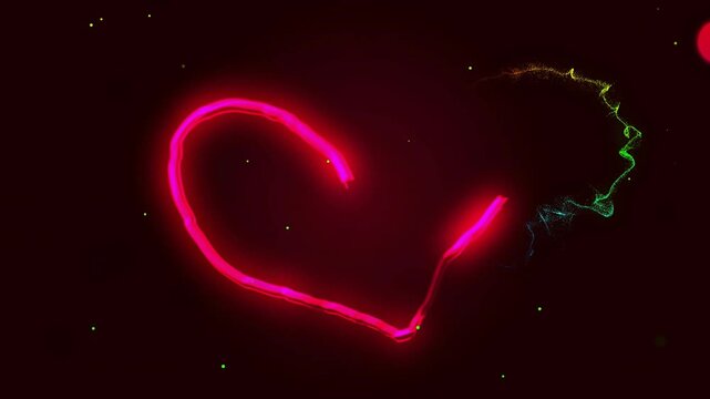Pink glow appearing top, drawing neon heart, color ribbon weaving, core pulsing, closing for design