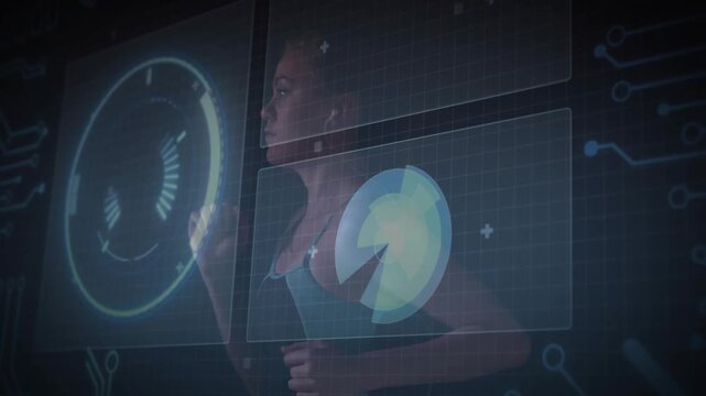 Female runner pacing in lab, motion activating fitness HUD charts rotating, monitoring heart gauge