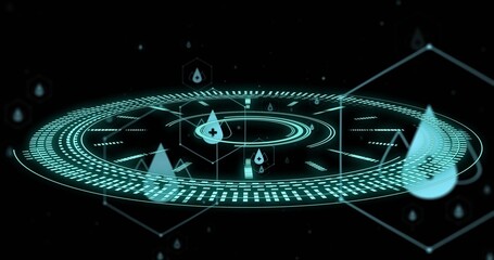 Fototapeta premium Floating cyan holographic circular interface glowing in black void, showing concentric rings, drops