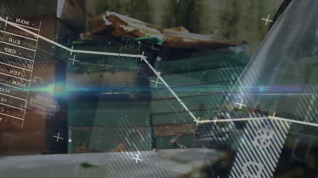 Green crate stack centering frame, HUD overlay appearing animating data graph and revealing shells