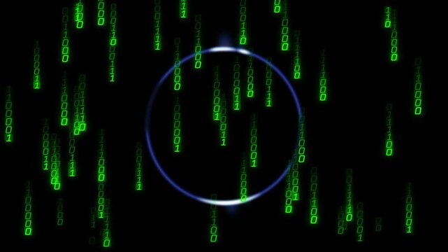 Glowing blue ring showing tech data binary rain starting digits overlapping while flares shifting