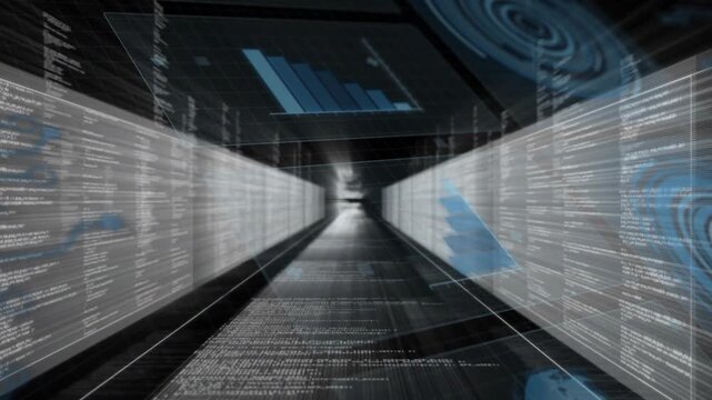 View moving down tunnel showing HUD with blue bar triangles radar scrolling code mapping tech data