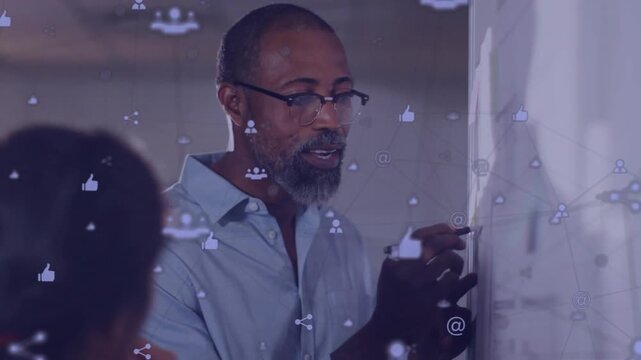 Marker tapping starting lead writing, pointing on whiteboard while icons floating enabling feedback