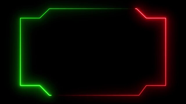 Neon frame with bright red and green glowing lines on a black background