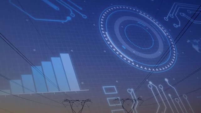 Holographic UI activating at dusk, projecting growing bars and circuit traces monitoring power grid