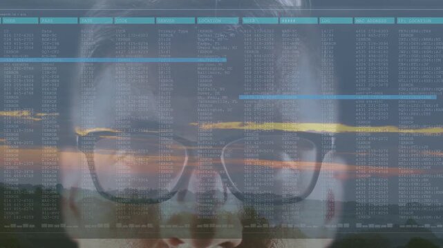 Facing man wearing dark glasses watching HUD text and sliding blue bars over sunset with bird