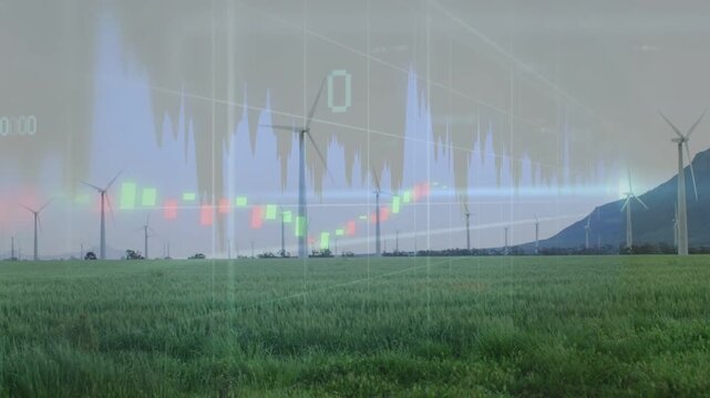Turbine row on grassland showing waveform surge and rising candlesticks tracking energy output